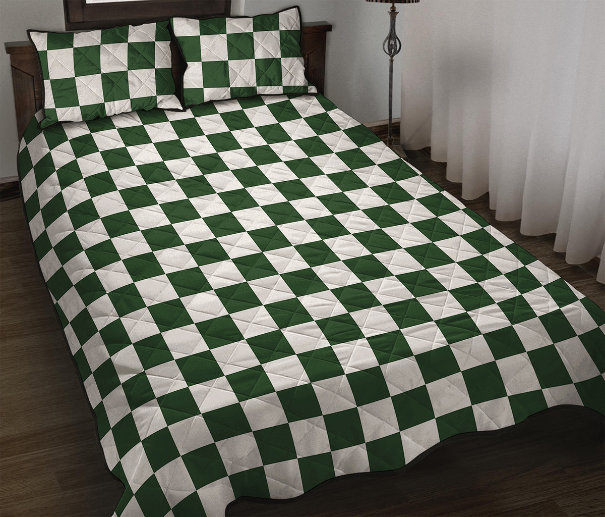 Forest Green And White Checkered Print Quilt Bed Set