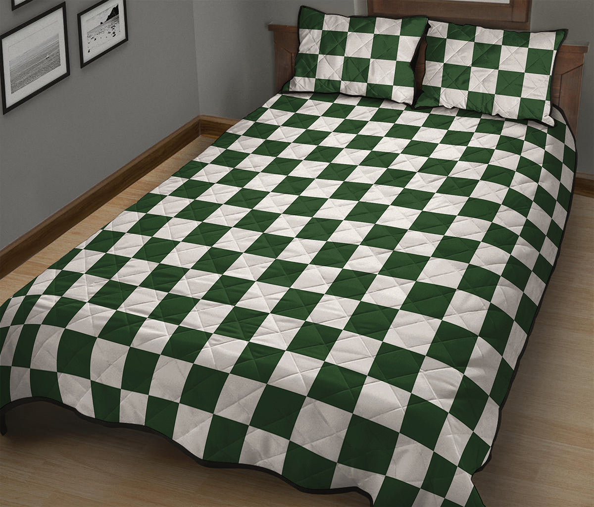 Forest Green And White Checkered Print Quilt Bed Set