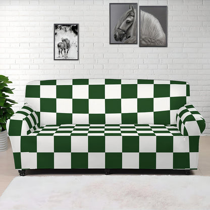 Forest Green And White Checkered Print Sofa Cover