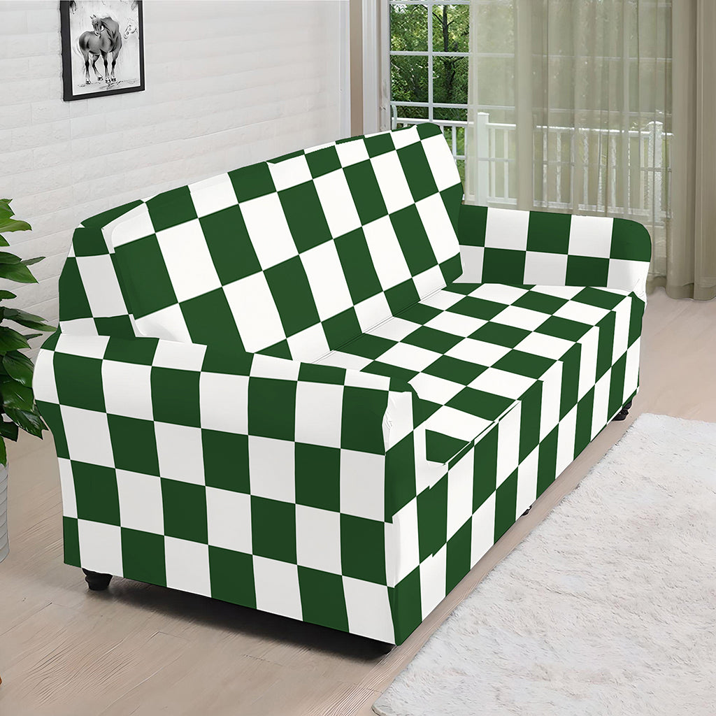 Forest Green And White Checkered Print Sofa Cover