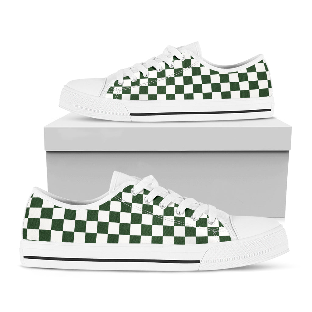 Forest Green And White Checkered Print White Low Top Shoes