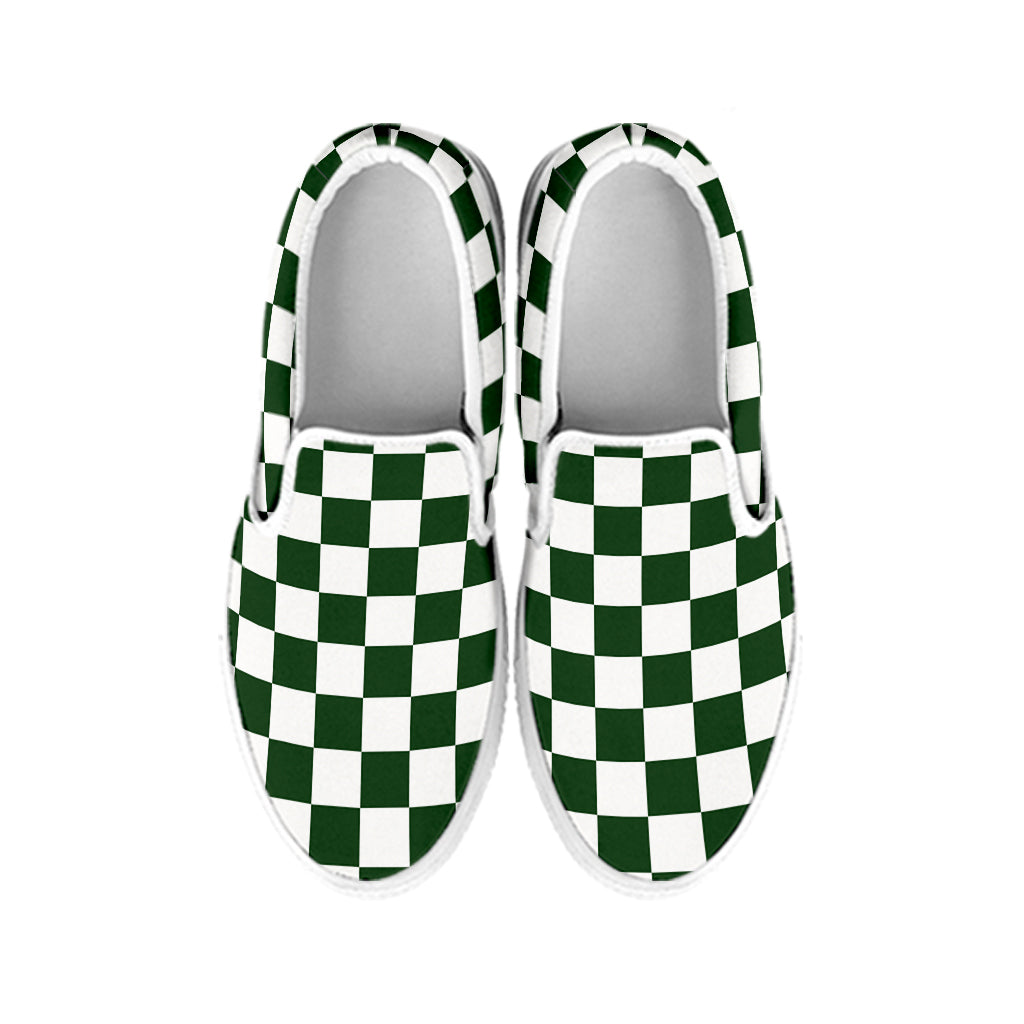 Forest Green And White Checkered Print White Slip On Shoes