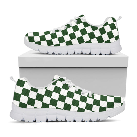 Forest Green And White Checkered Print White Sneakers