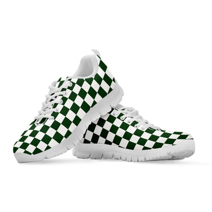 Forest Green And White Checkered Print White Sneakers