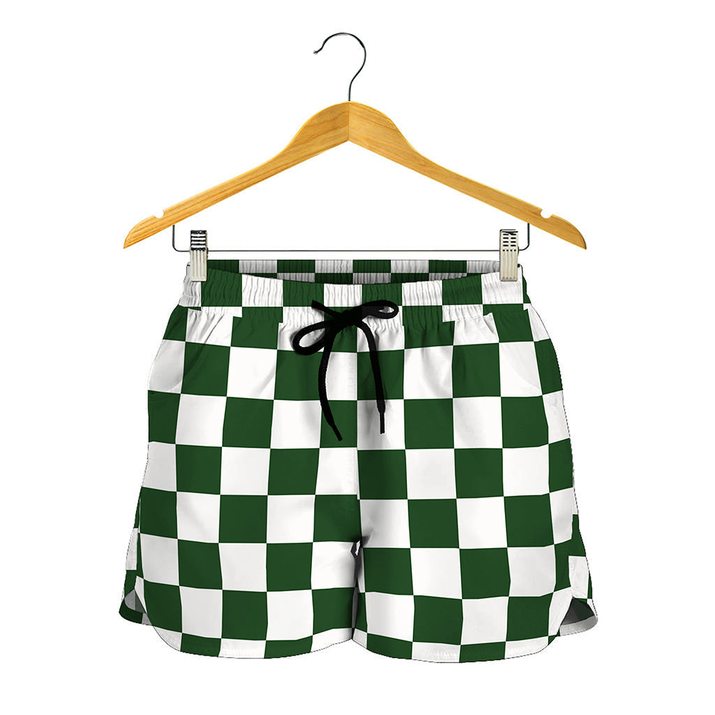 Forest Green And White Checkered Print Women's Shorts