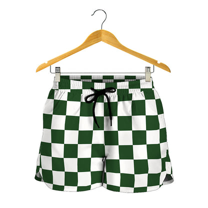 Forest Green And White Checkered Print Women's Shorts