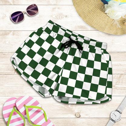 Forest Green And White Checkered Print Women's Shorts