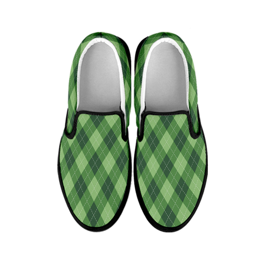 Forest Green Argyle Pattern Print Black Slip On Shoes