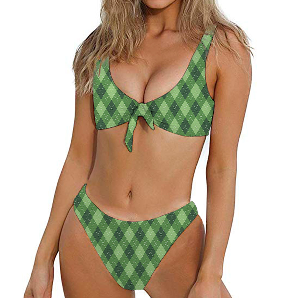 Forest Green Argyle Pattern Print Front Bow Tie Bikini