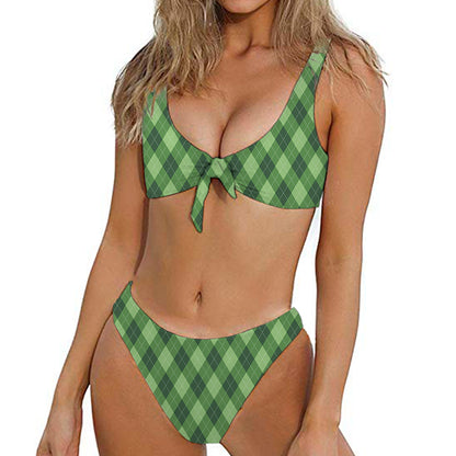 Forest Green Argyle Pattern Print Front Bow Tie Bikini