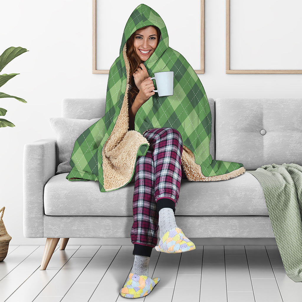 Forest Green Argyle Pattern Print Hooded Blanket