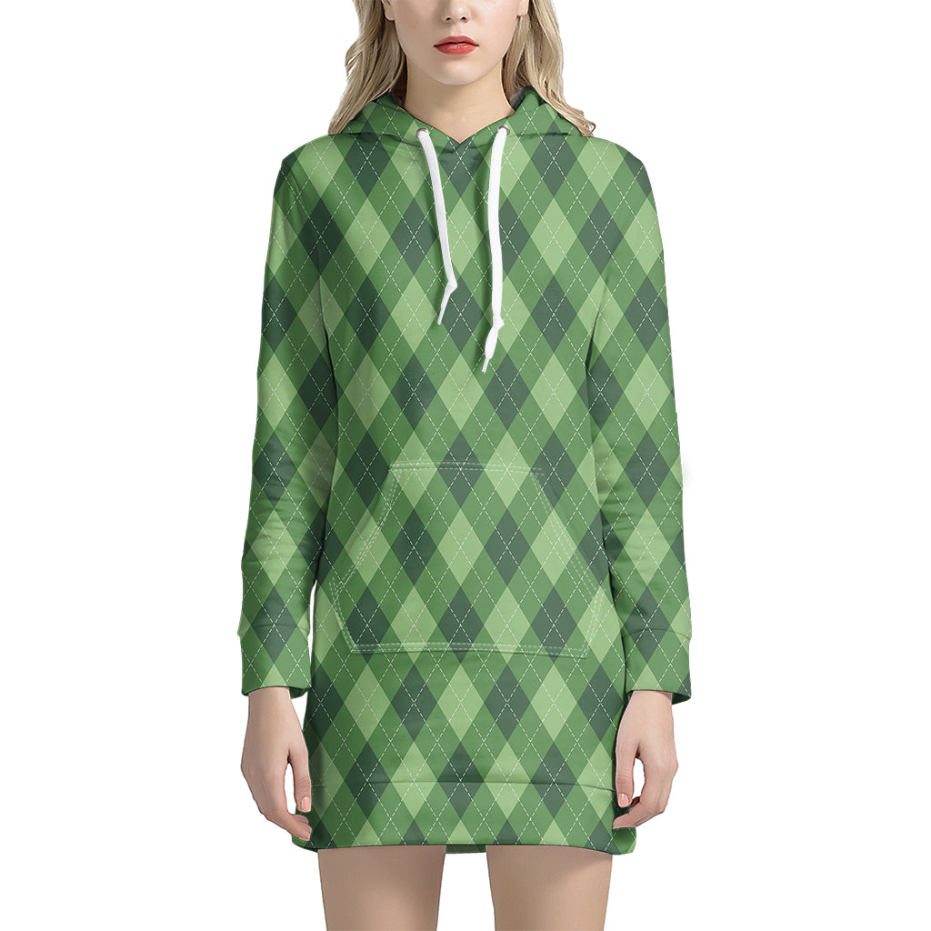 Forest Green Argyle Pattern Print Hoodie Dress