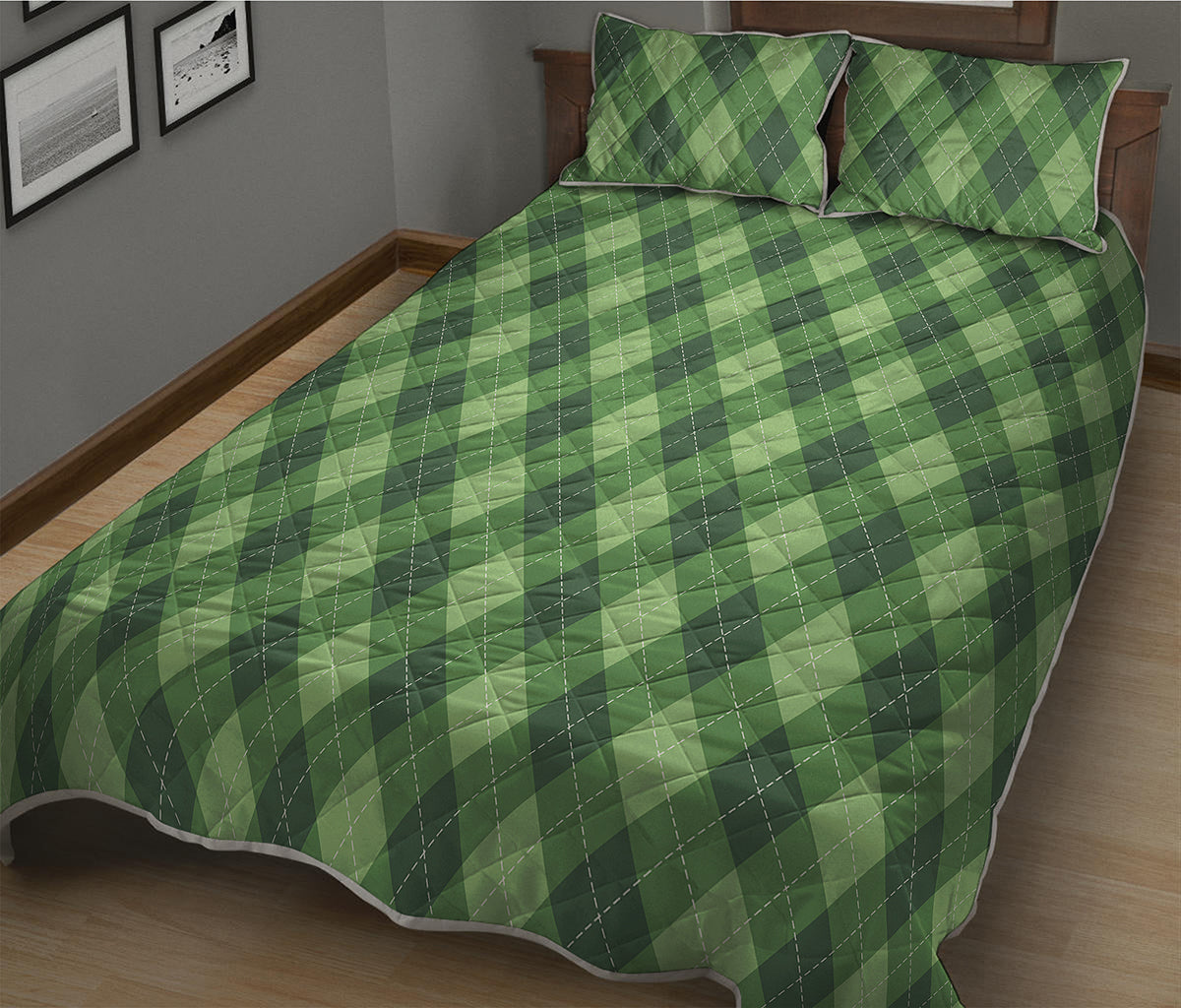 Forest Green Argyle Pattern Print Quilt Bed Set
