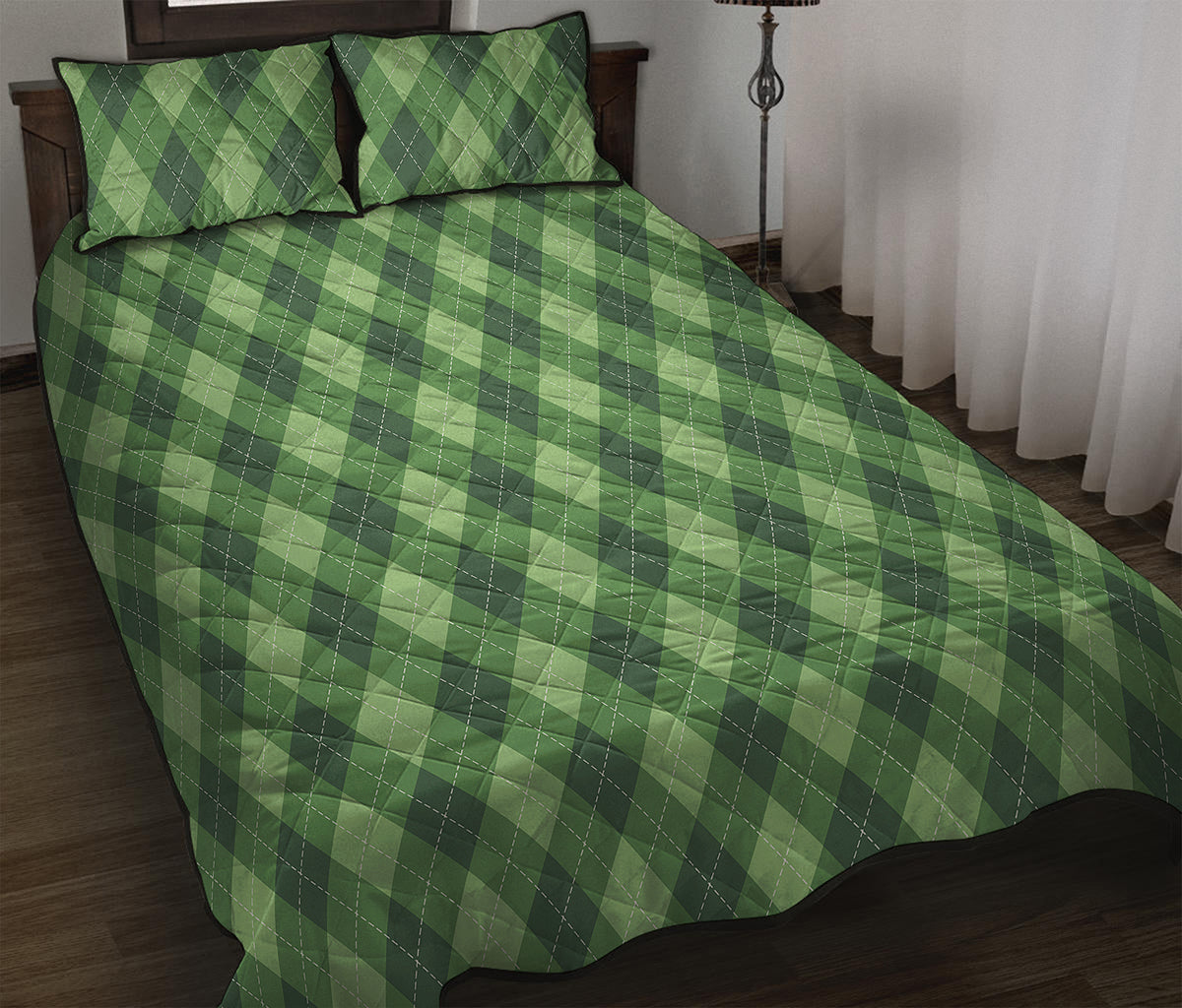 Forest Green Argyle Pattern Print Quilt Bed Set