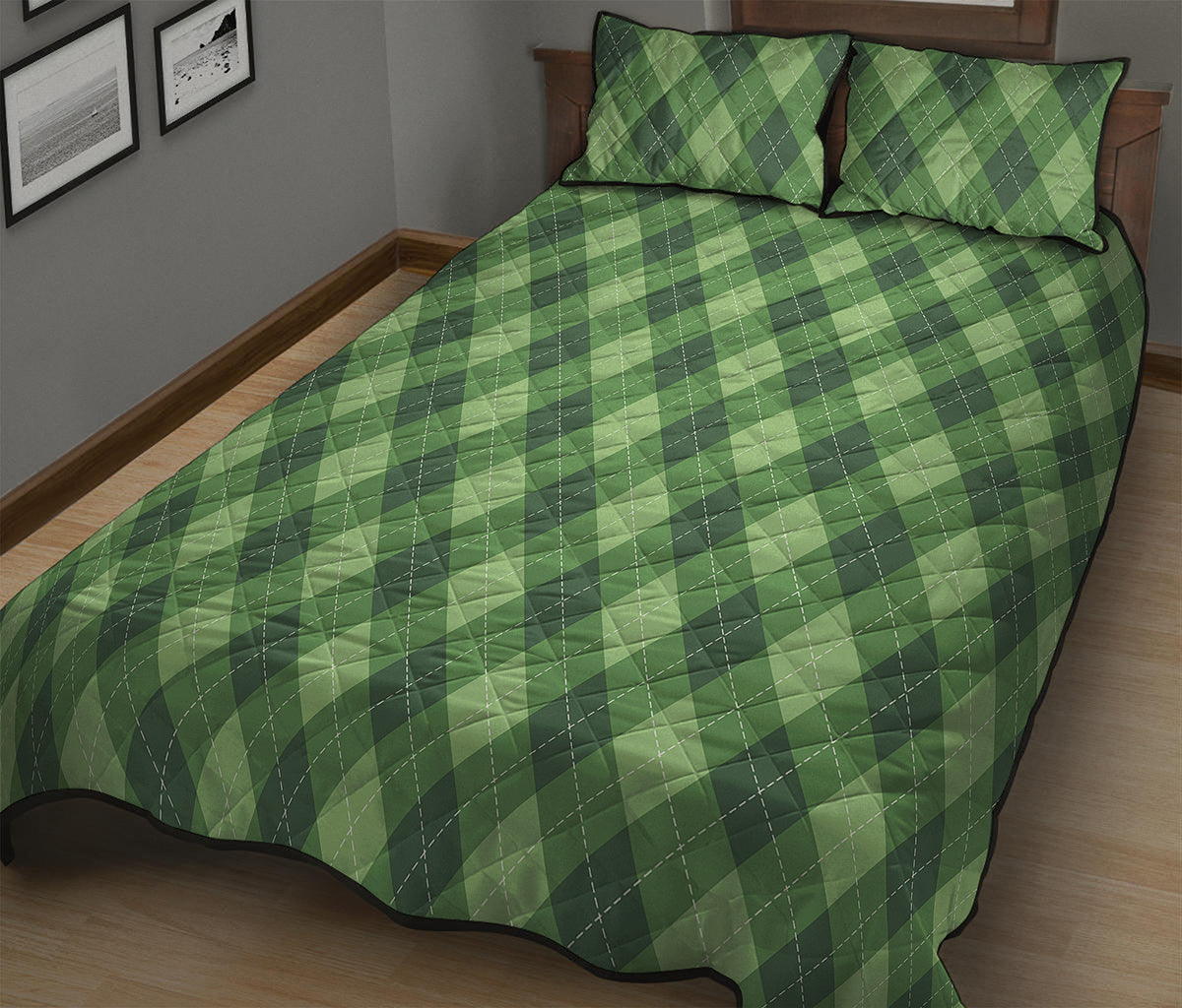 Forest Green Argyle Pattern Print Quilt Bed Set