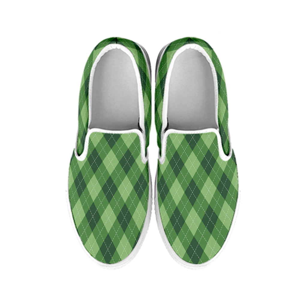 Forest Green Argyle Pattern Print White Slip On Shoes