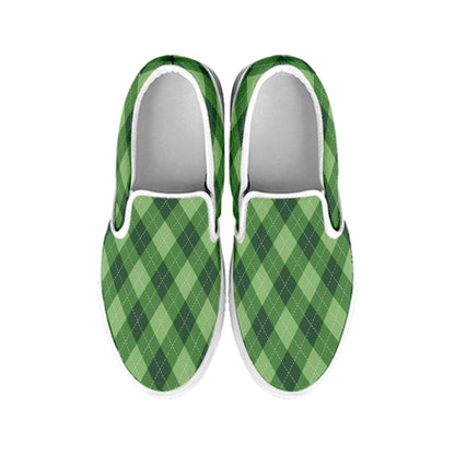 Forest Green Argyle Pattern Print White Slip On Shoes