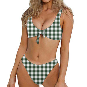 Forest Green Buffalo Check Pattern Print Front Bow Tie Bikini