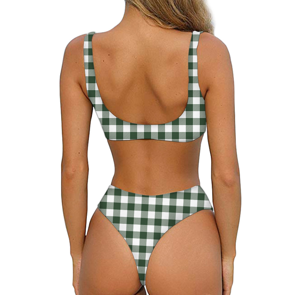 Forest Green Buffalo Check Pattern Print Front Bow Tie Bikini