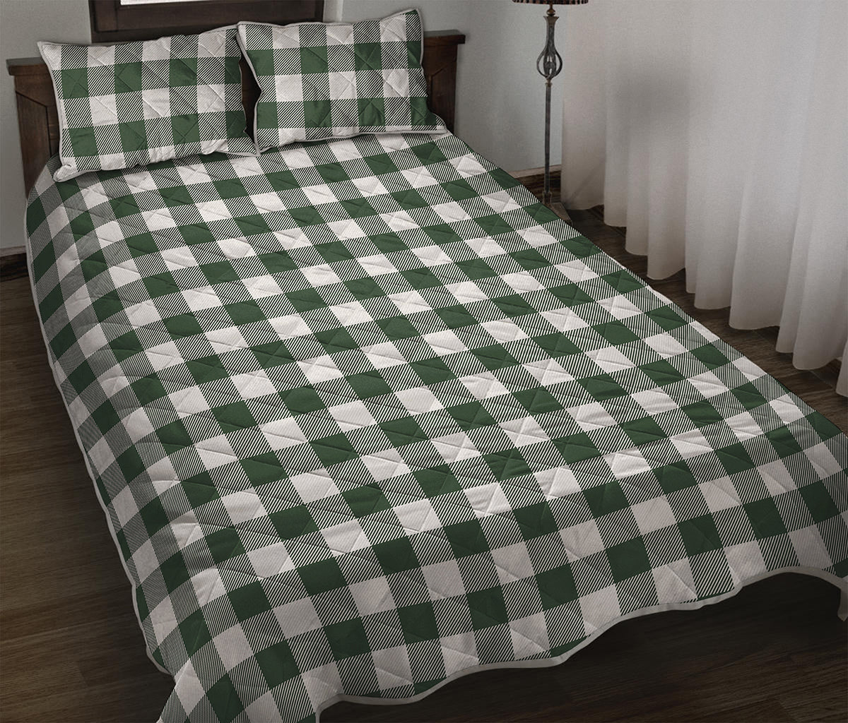 Forest Green Buffalo Check Pattern Print Quilt Bed Set