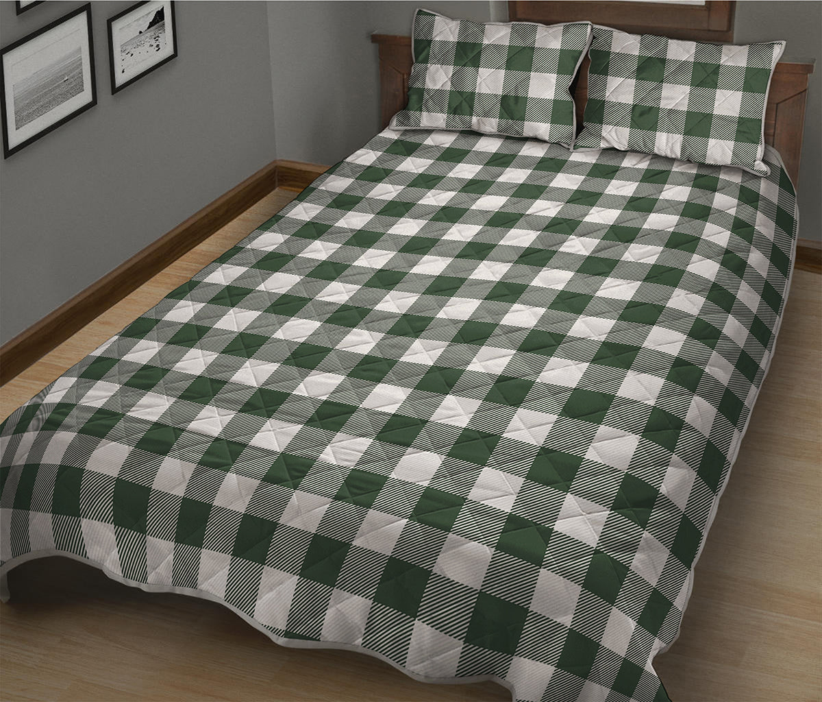 Forest Green Buffalo Check Pattern Print Quilt Bed Set
