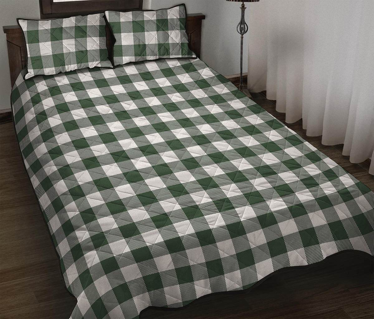 Forest Green Buffalo Check Pattern Print Quilt Bed Set