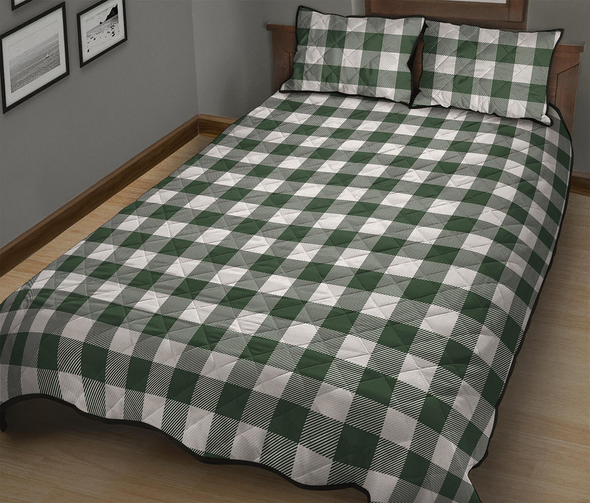 Forest Green Buffalo Check Pattern Print Quilt Bed Set