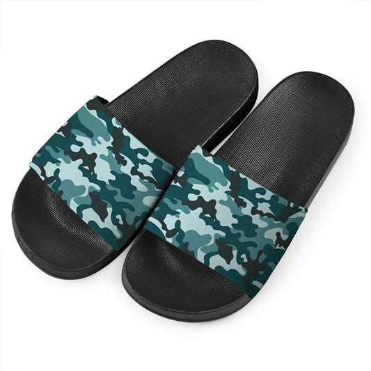 Forest Green Camouflage Print Black Slide Sandals