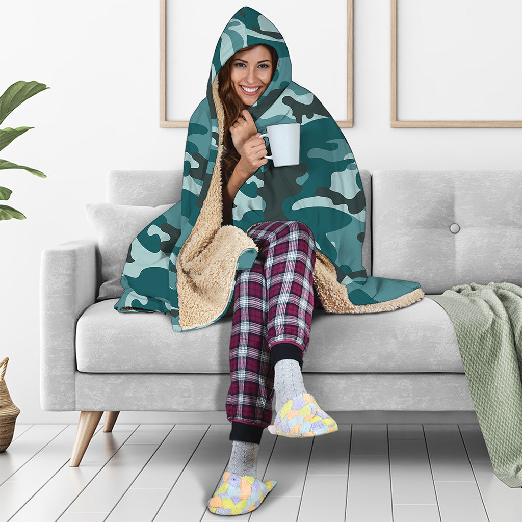 Forest Green Camouflage Print Hooded Blanket