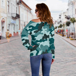Forest Green Camouflage Print Off Shoulder Sweatshirt GearFrost