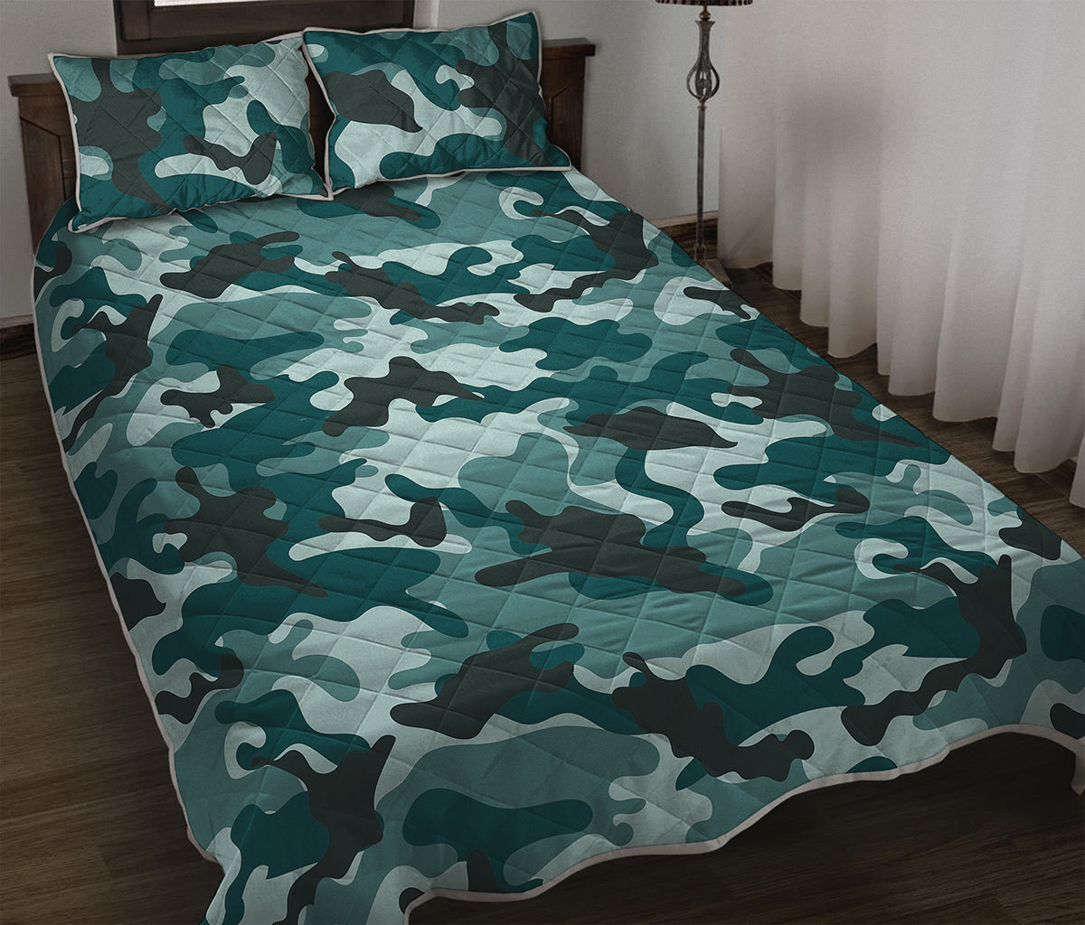 Forest Green Camouflage Print Quilt Bed Set