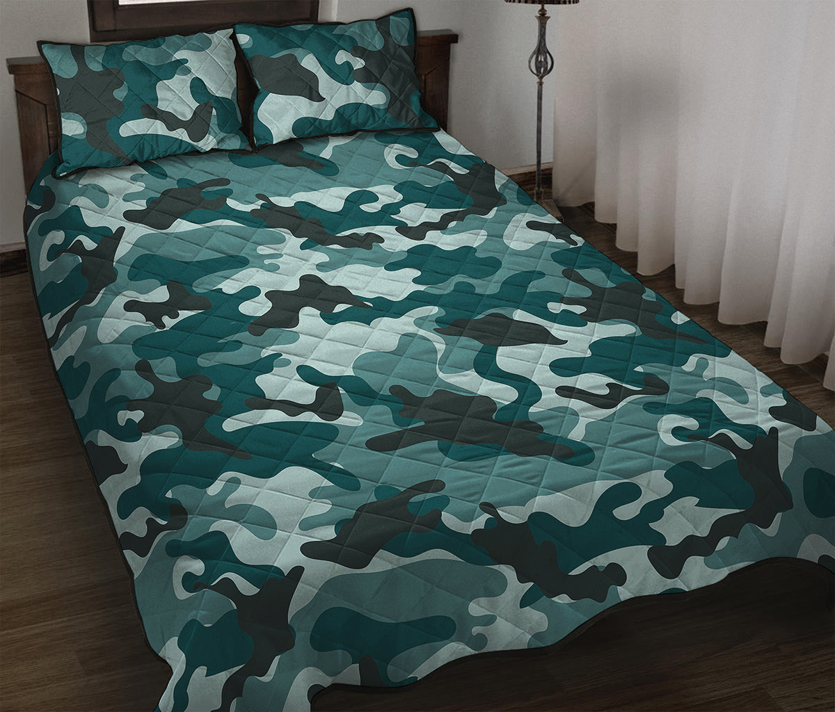 Forest Green Camouflage Print Quilt Bed Set