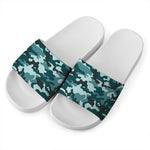 Forest Green Camouflage Print White Slide Sandals