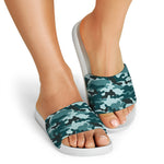 Forest Green Camouflage Print White Slide Sandals