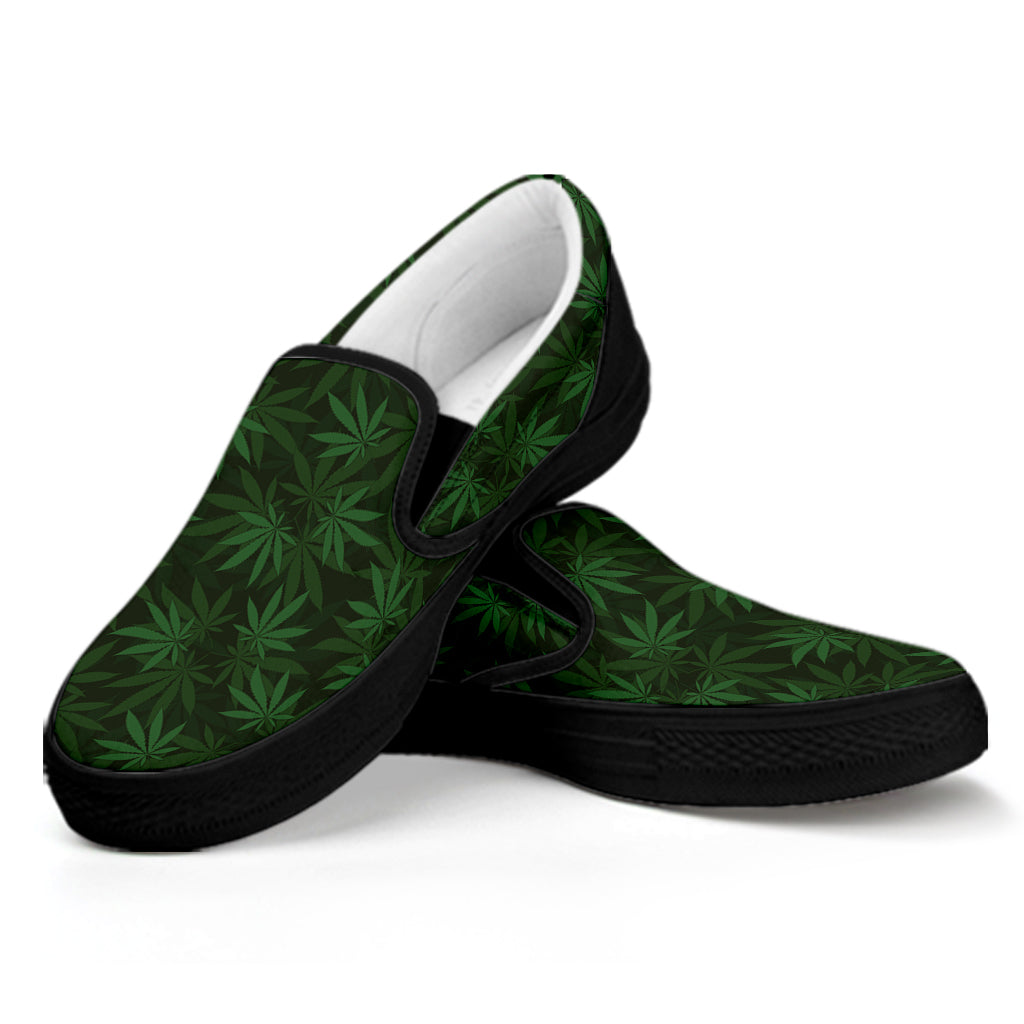 Forest Green Cannabis Leaf Print Black Slip On Shoes