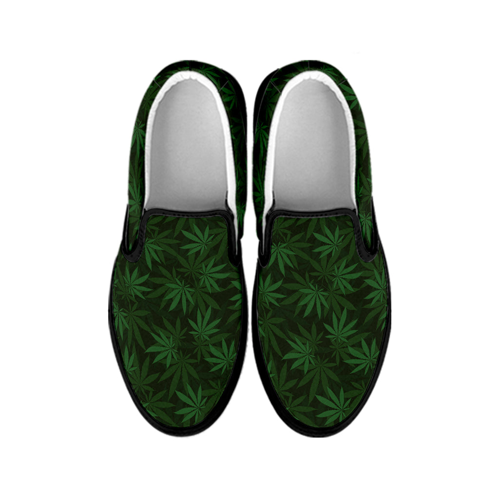 Forest Green Cannabis Leaf Print Black Slip On Shoes