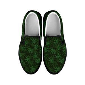 Forest Green Cannabis Leaf Print Black Slip On Shoes