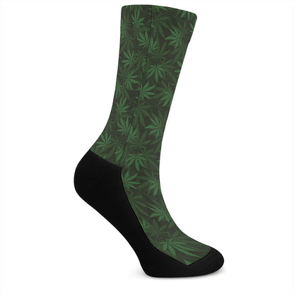 Forest Green Cannabis Leaf Print Crew Socks