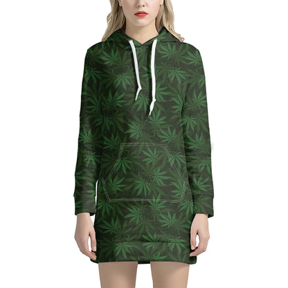 Forest Green Cannabis Leaf Print Hoodie Dress