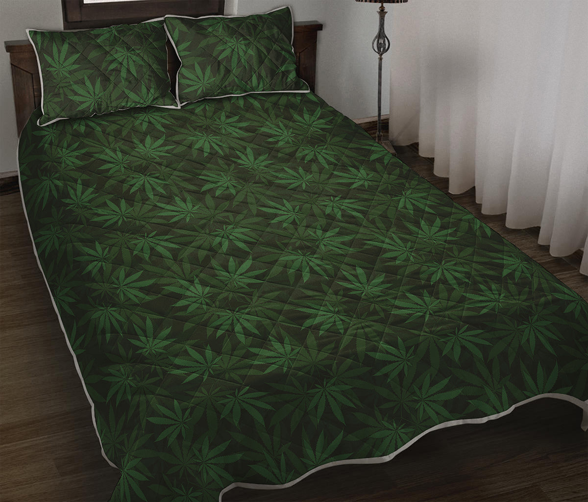 Forest Green Cannabis Leaf Print Quilt Bed Set