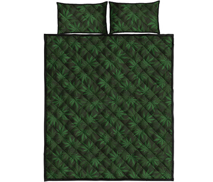 Forest Green Cannabis Leaf Print Quilt Bed Set
