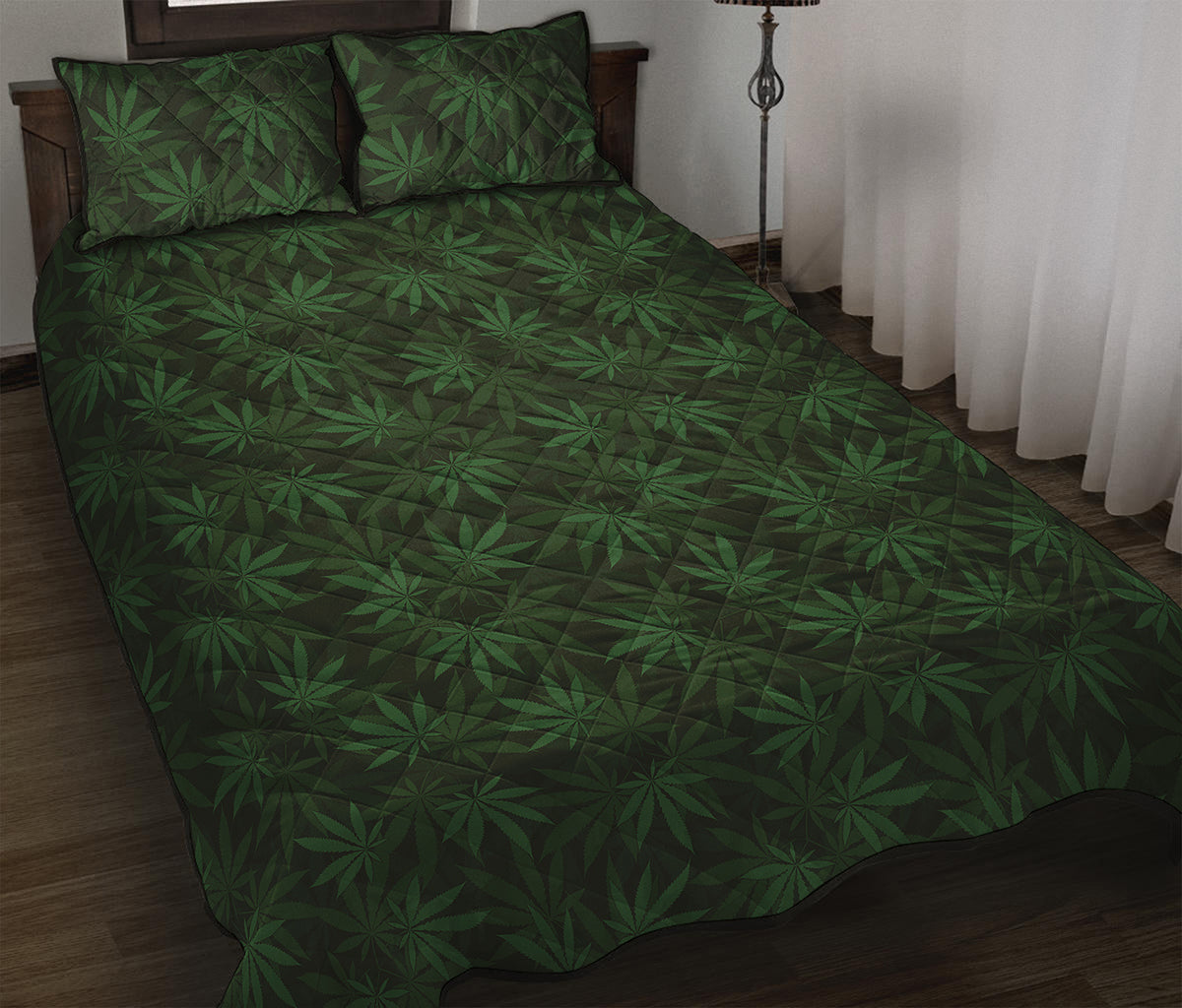 Forest Green Cannabis Leaf Print Quilt Bed Set