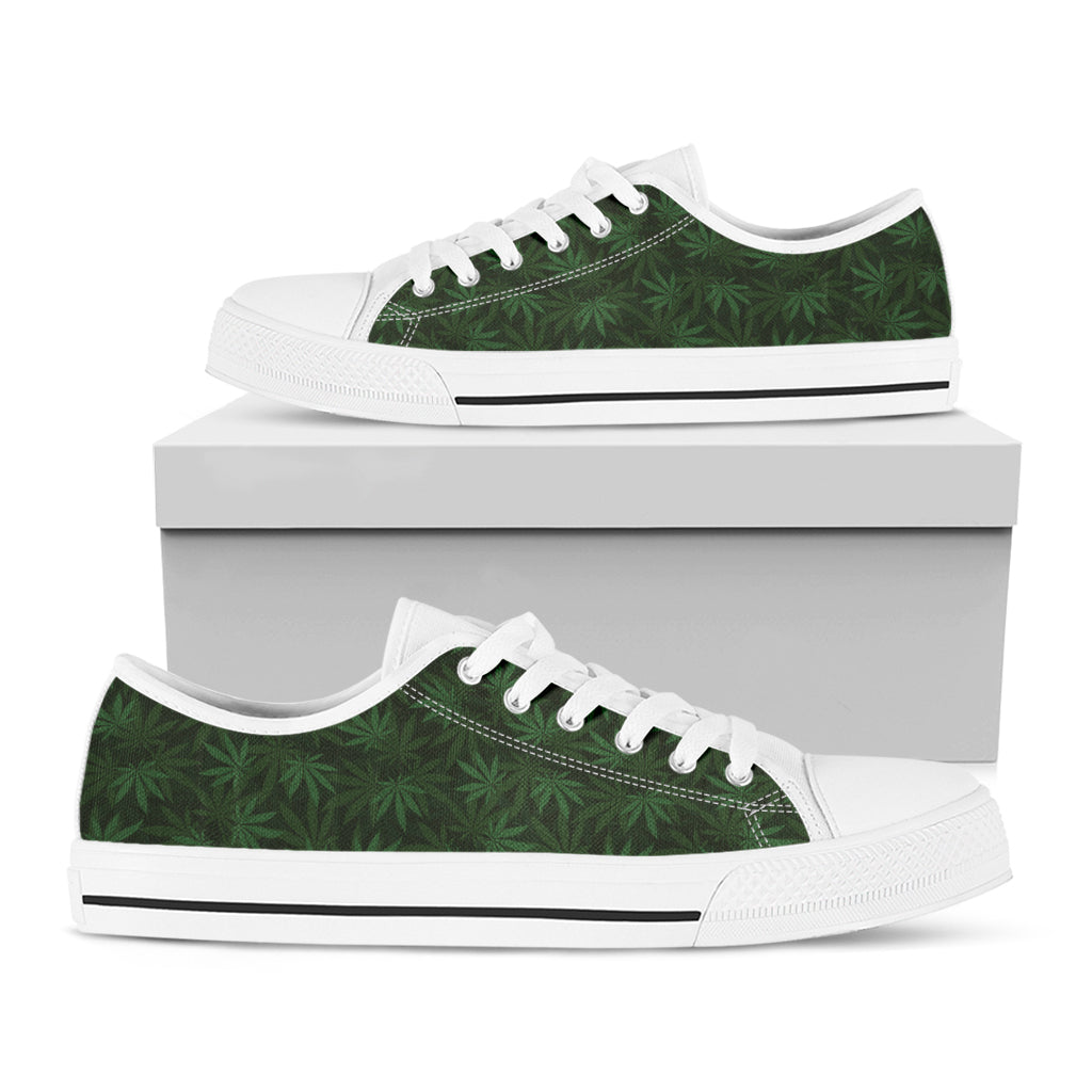 Forest Green Cannabis Leaf Print White Low Top Shoes