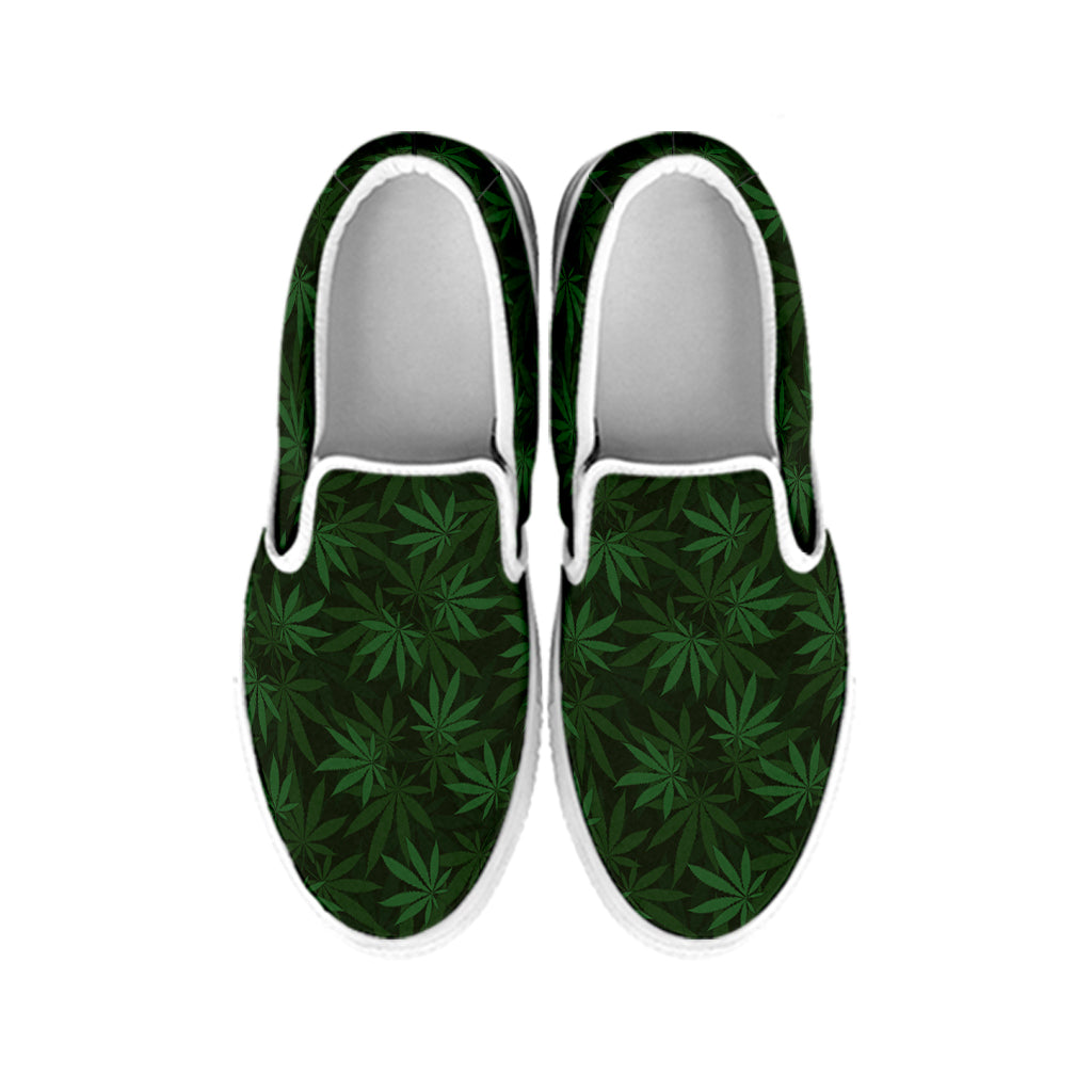 Forest Green Cannabis Leaf Print White Slip On Shoes