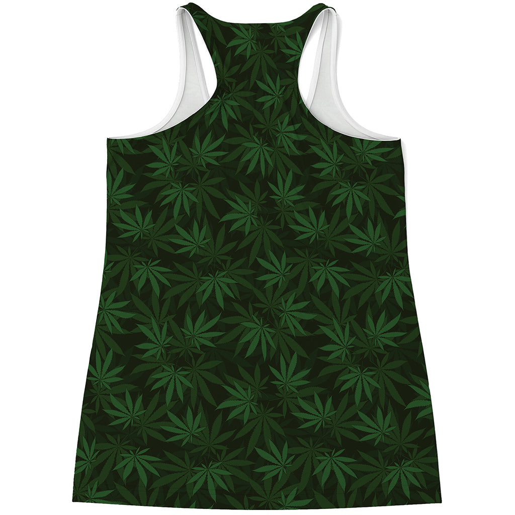 Forest Green Cannabis Leaf Print Women's Racerback Tank Top