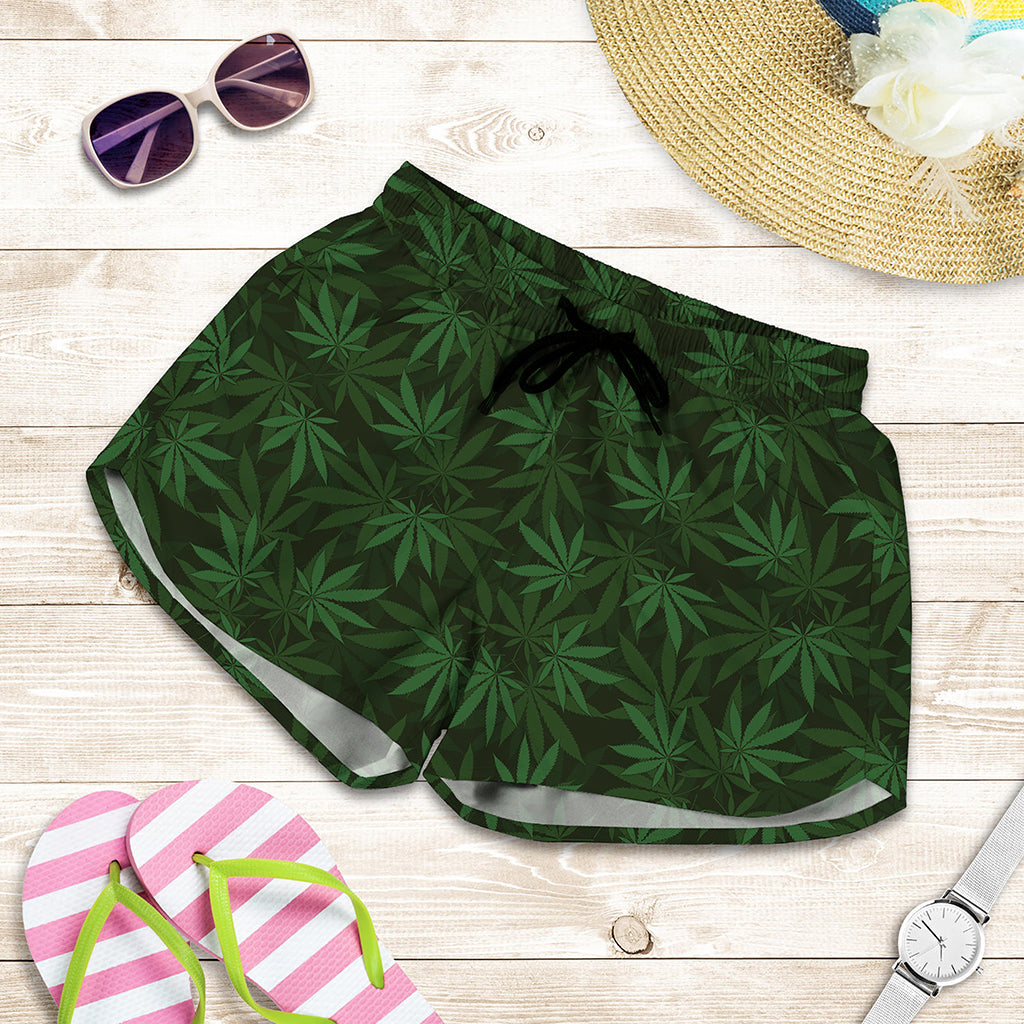 Forest Green Cannabis Leaf Print Women's Shorts