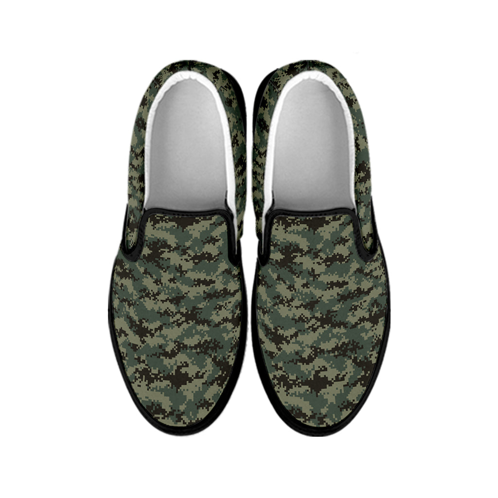 Forest Green Digital Camo Pattern Print Black Slip On Shoes