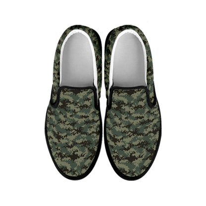 Forest Green Digital Camo Pattern Print Black Slip On Shoes