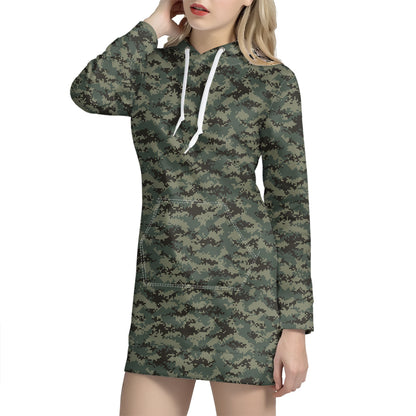 Forest Green Digital Camo Pattern Print Hoodie Dress