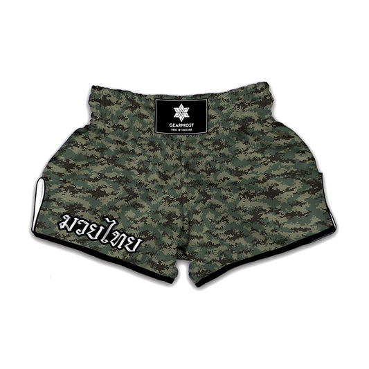 Forest Green Digital Camo Pattern Print Muay Thai Boxing Shorts